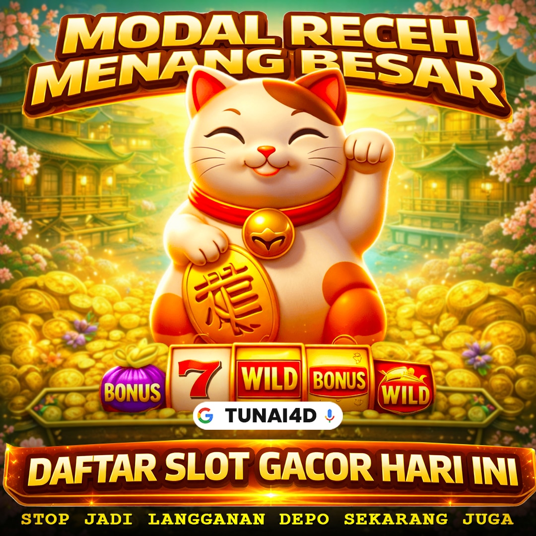 Poster TUNAI4D dengan kucing keberuntungan, koin emas, dan tulisan promosi