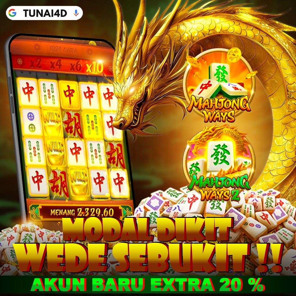 Poster TUNAI4D dengan naga emas, layar mahjong, dan judul promosi