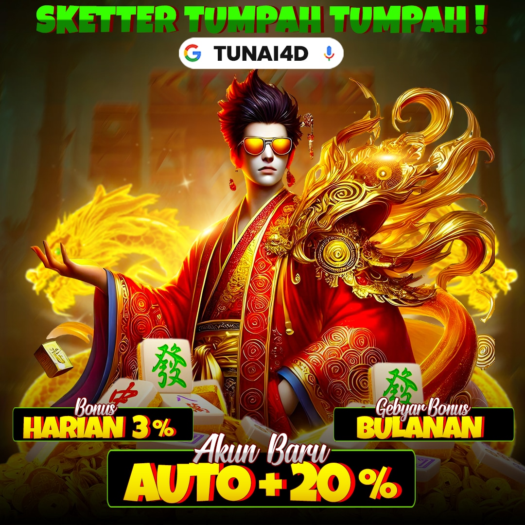 Poster TUNAI4D dengan tokoh berjubah merah, naga emas, dan informasi bonus